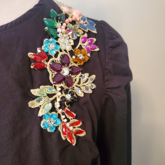 Gorgeous Colourful Bejewelled Applique Modest Blouse Black Long Puff Sleeve 8 - Picture 6 of 9